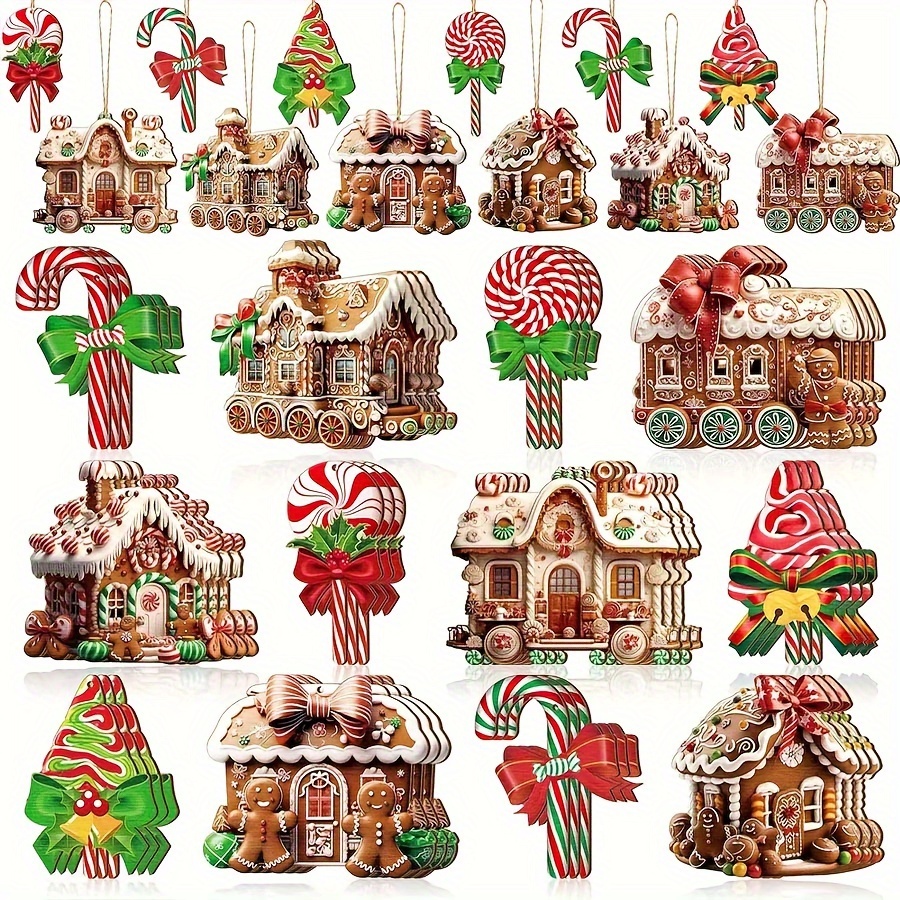 

24pcs Christmas Decor Set - Candy, Gingerbread House & Tree Ornaments - Perfect For Holiday Gifting & Family Party Supplies