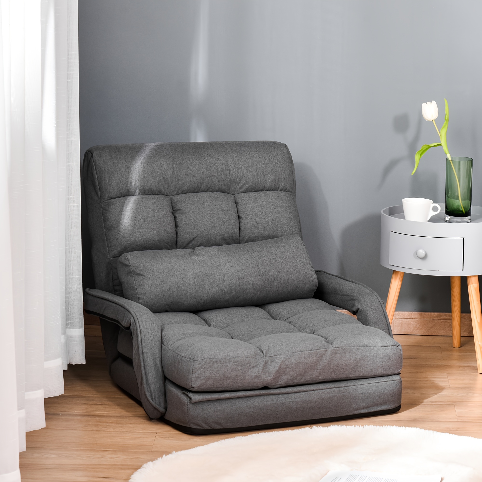 

Homcom Convertible Floor Sofa Bed, Recliner Armchair Upholstered Sleeper Chair With Pillow For Living Room Bedroom Lounge, Grey