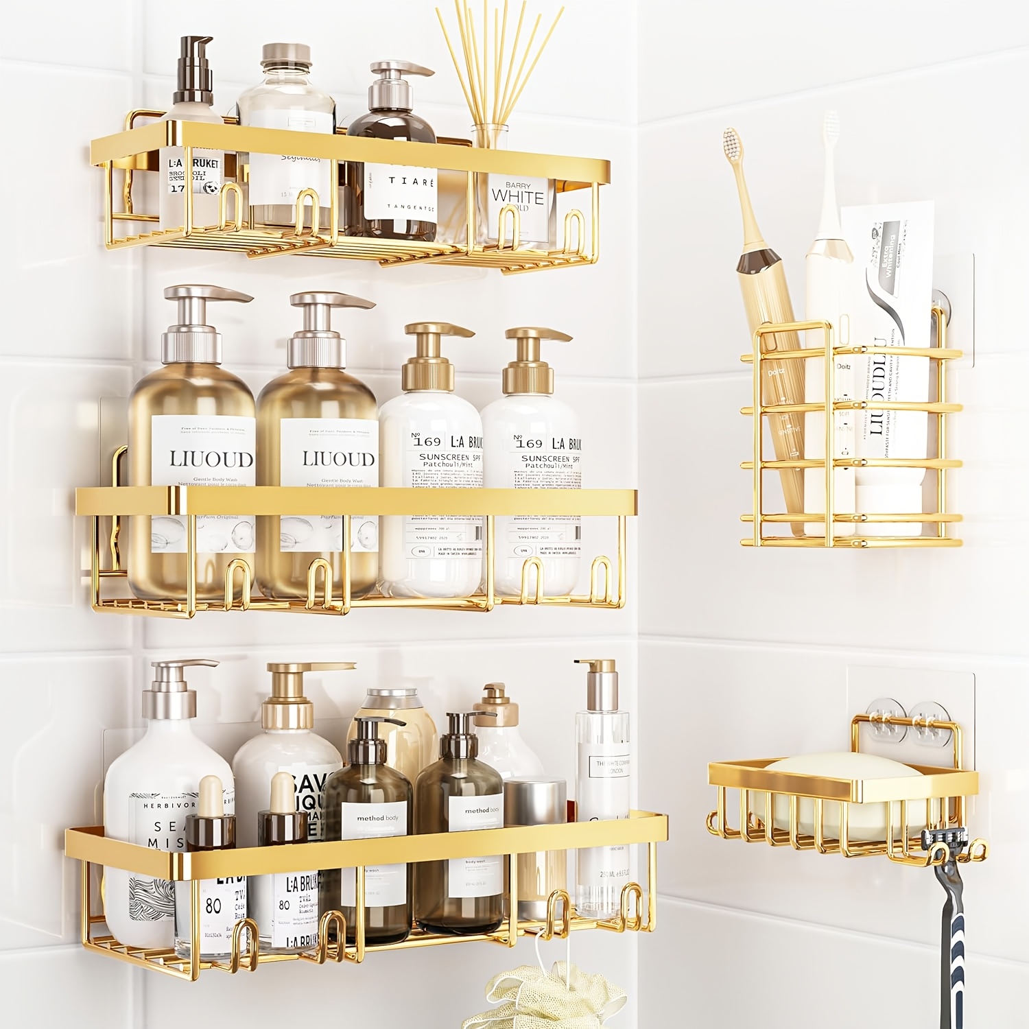 Image of 5-pack Rustproof Stainless Steel Shower Caddy Set - No-drill Adhesive Bathroom Organizer, Space- Shower Shelves For Apartment Essentials, Bathroom/kitchen Storage Home Decor - L Size, Shower Caddies