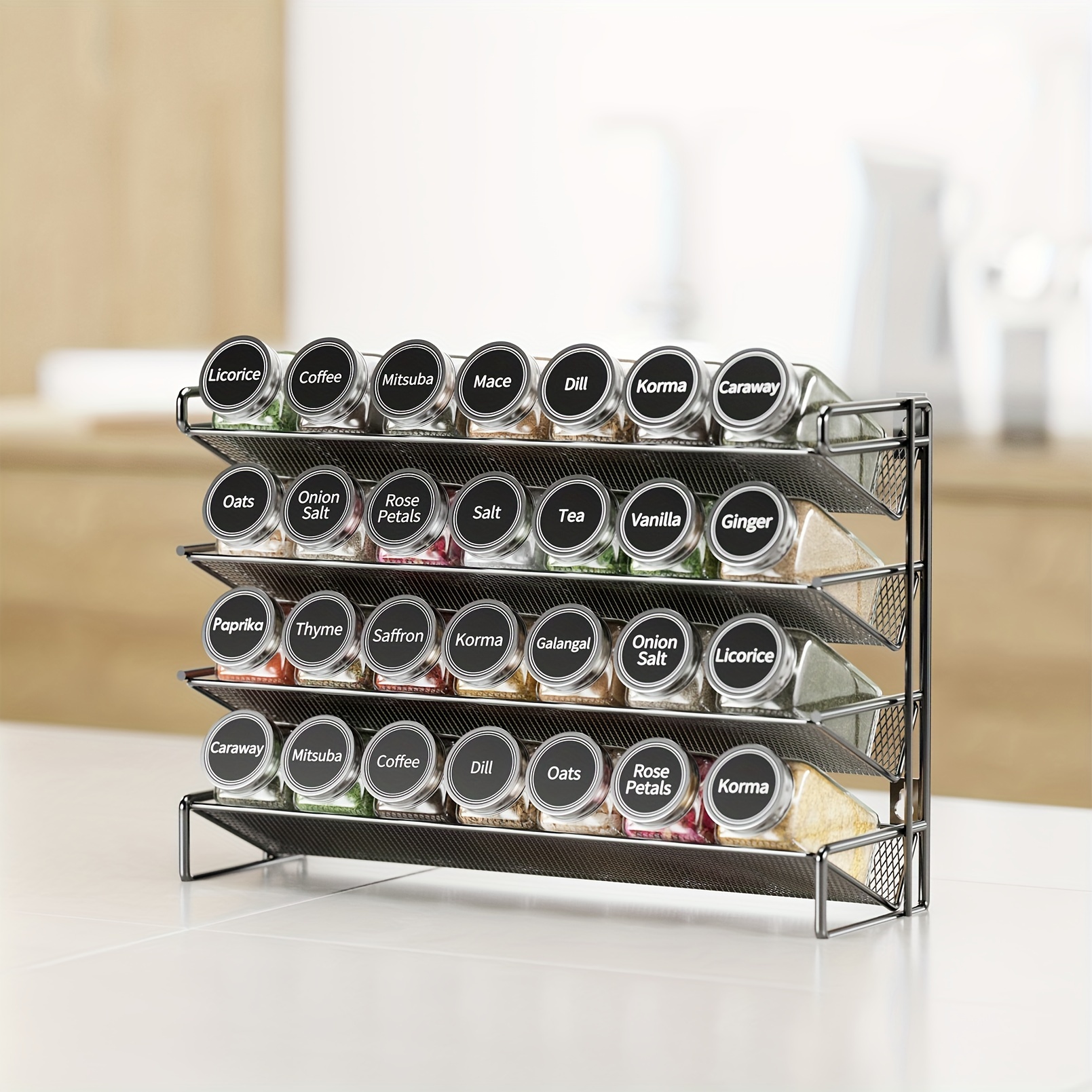 

Spice Rack Display With 28 Spice Bottles, 386 Spice Stickers, Chalk Pen, And Filling Accessories For Cabinet, Kitchen Counter, Pantry, Cupboard, Or Wall & Door Hanging