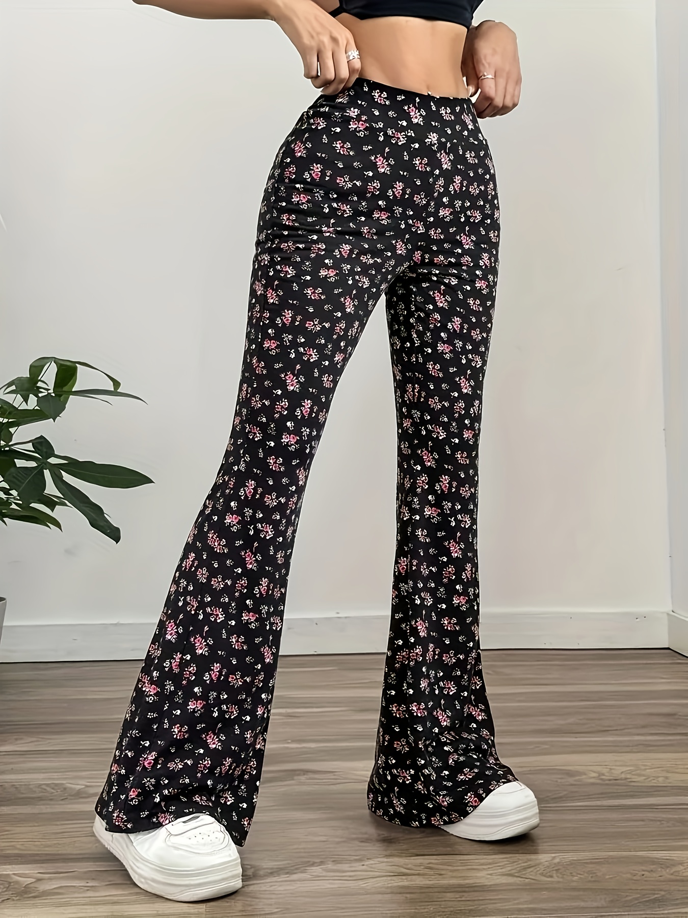 Flare Pants Black And White Flower Pants Women's Floral Print