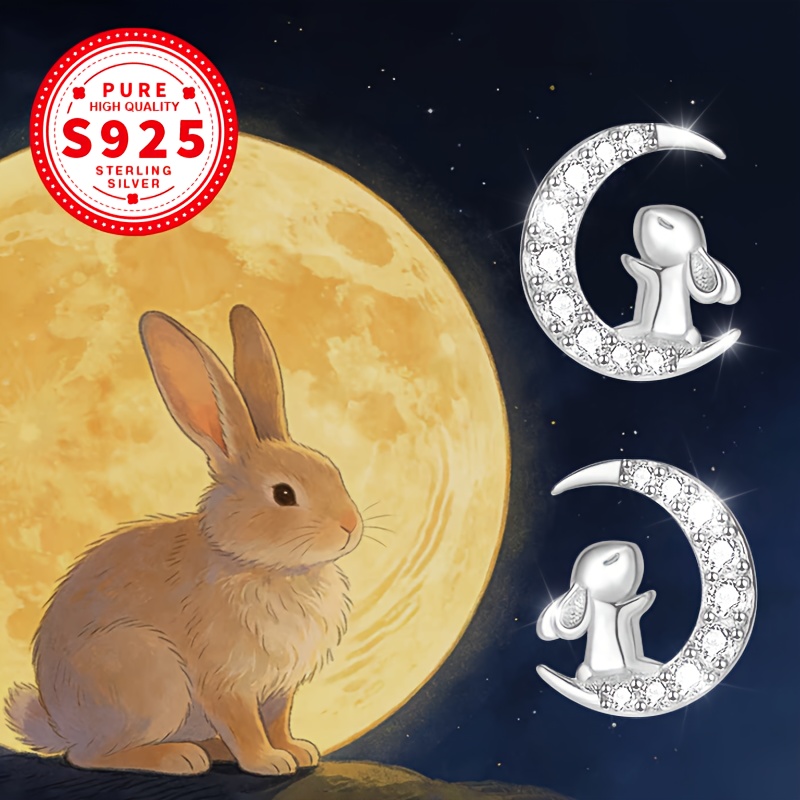 S925 Sterling Silver Moon & Rabbit Ears Earrings