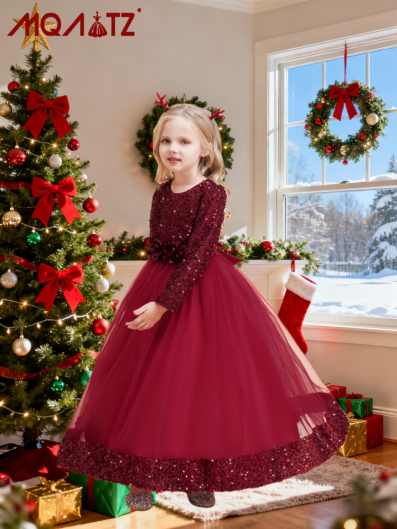 a little christmas dress in burgundy sequins long sleeves - Temu Oman