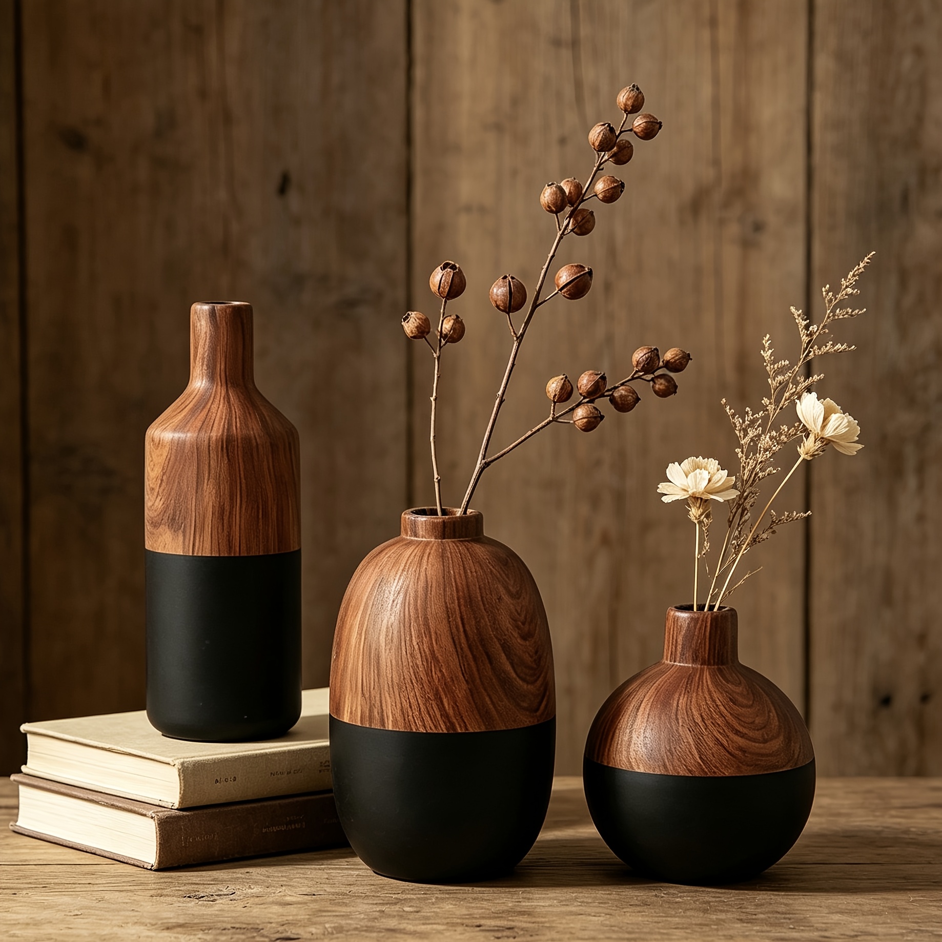 3pcs Wood Grain/Stone Texture Ceramic Vase Set Wabi-Sabi Decorative Flower Pot Ornament Japanese Rustic Style Desktop Home Resident B&B Soft Decoration Dried Flower Arrangement Floral Art All-Match Premium
