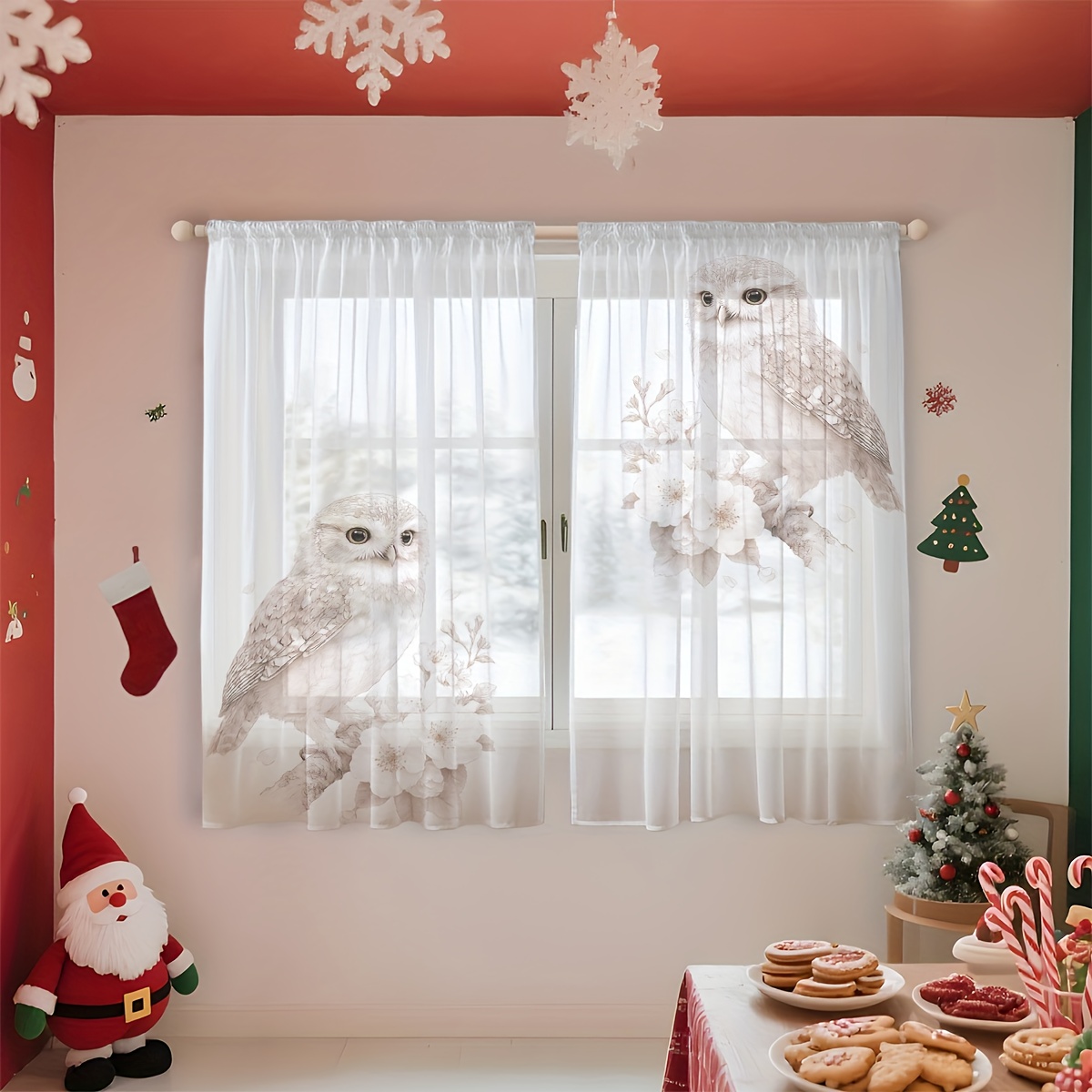 E-shop 2 Stücke Halbtransparente Vorhänge, Elegante Eulen-Kirschblüten-Druck Gardinen, Natürlicher Frischer Stil, Für Küche, Café, Wohnzimmer,