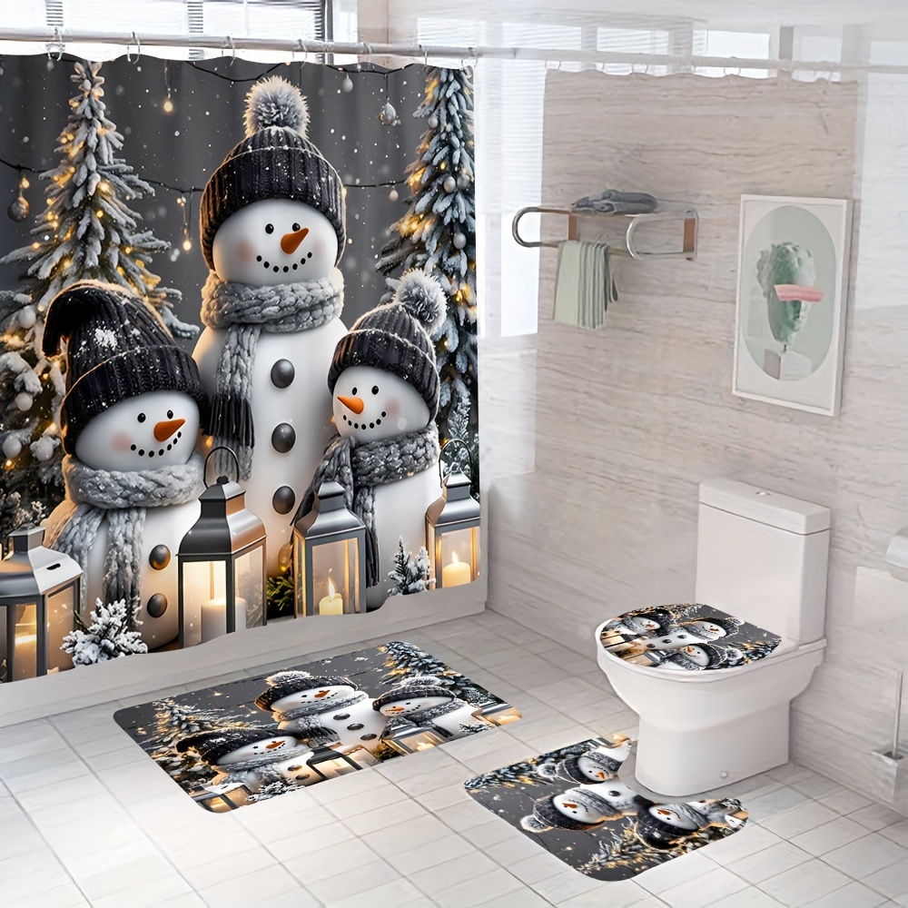 

Merry Christmas Snowman Shower Curtain Set, 1pc/4pcs, Winter Shower Curtain, Polyester Fabric Shower Curtains With 12 Hooks, Non-slip Bath Rug, Toilet Mat, Toilet Lid Cover Mat, Bathroom Accessories