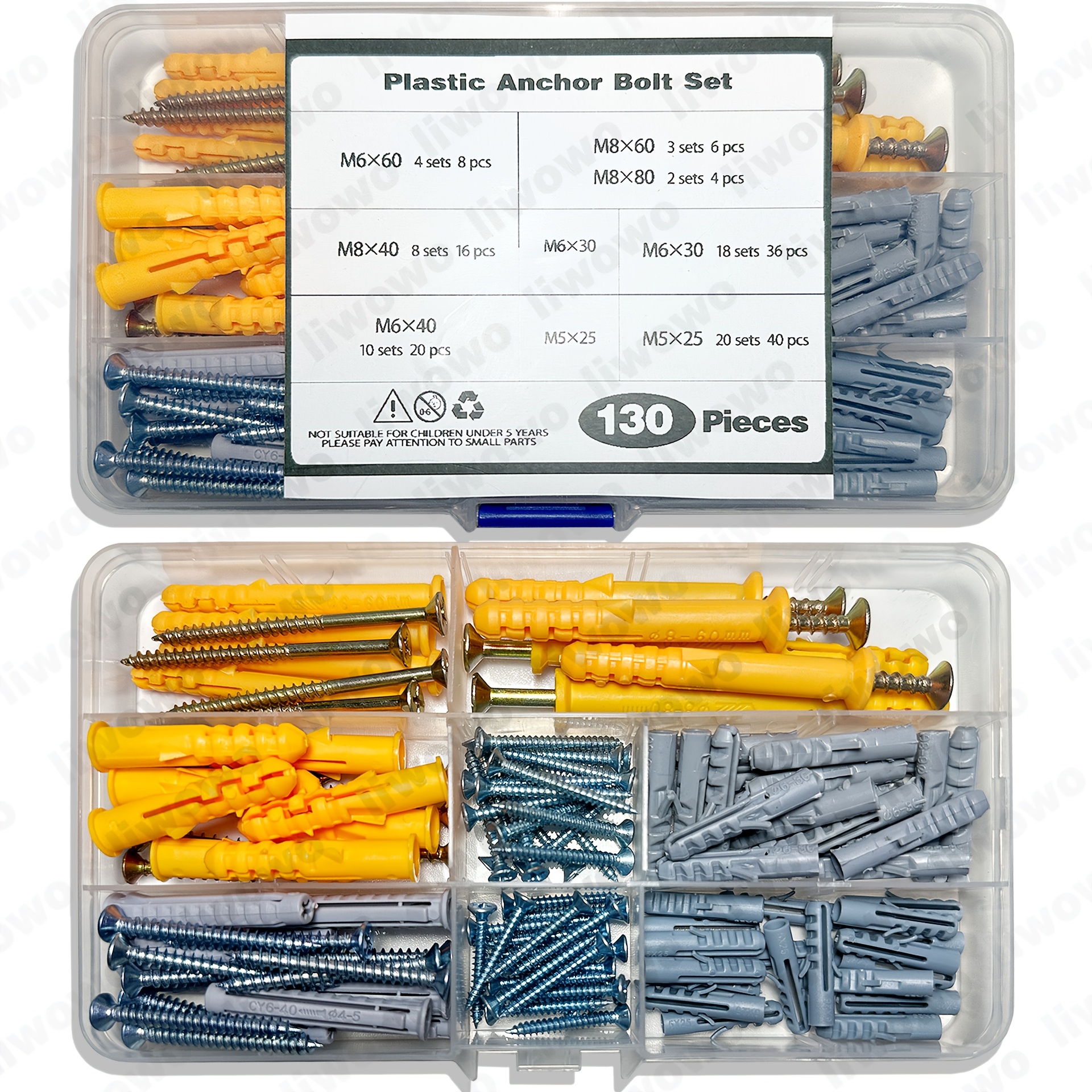 Image of A Set Of 130 Thick And Durable Plastic Anchor Bolts And Screws, With A Storage Box For Easier Organization And Transport. The Set Includes 7 Sizes: M5*25, M6*30, M6*40, M6*60, M8*40, M8*60, And M8*80