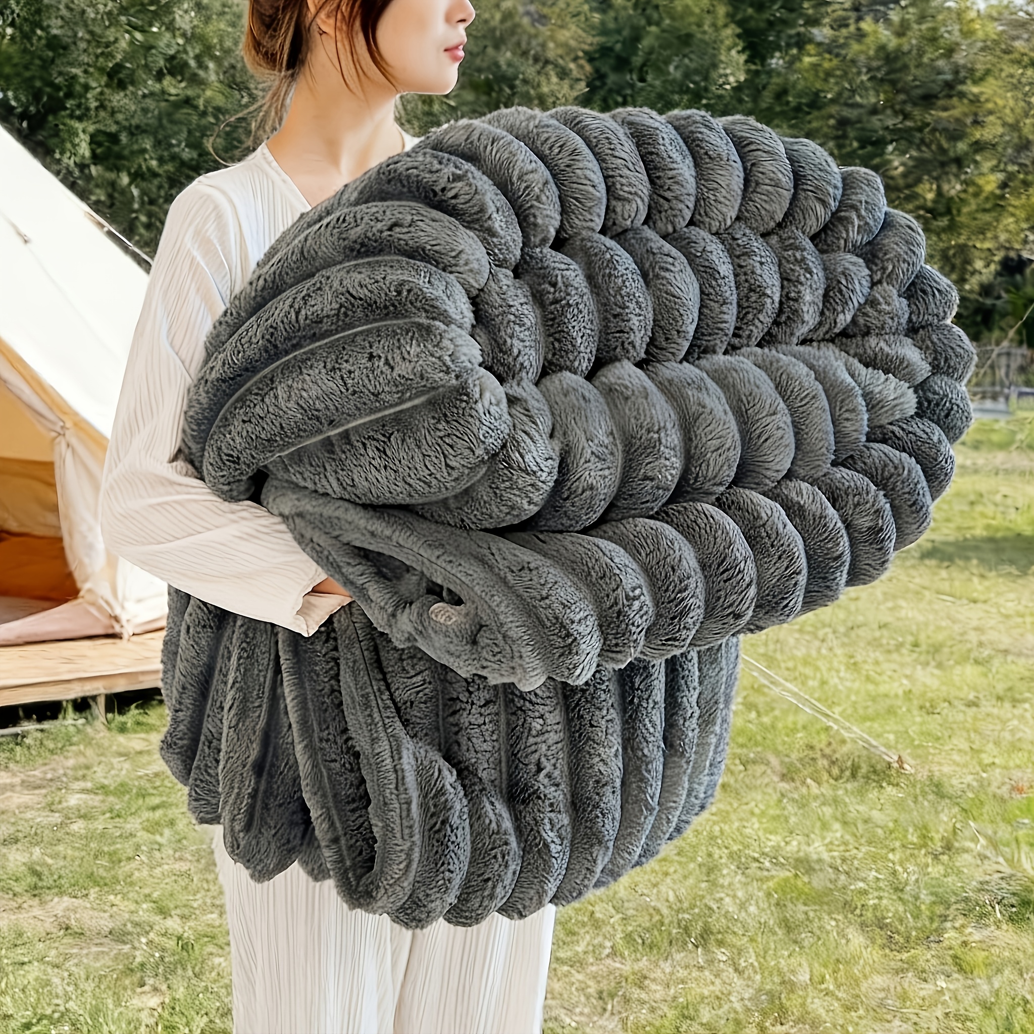 1pc Thickened Rabbit Hair Blanket - Double-sided Warm Suitable For Camping, Hiking & Use, Soft Imitation Rabbit - Outdoor Bedspread For &, Machine Washable Cozy Throw For And Traveling