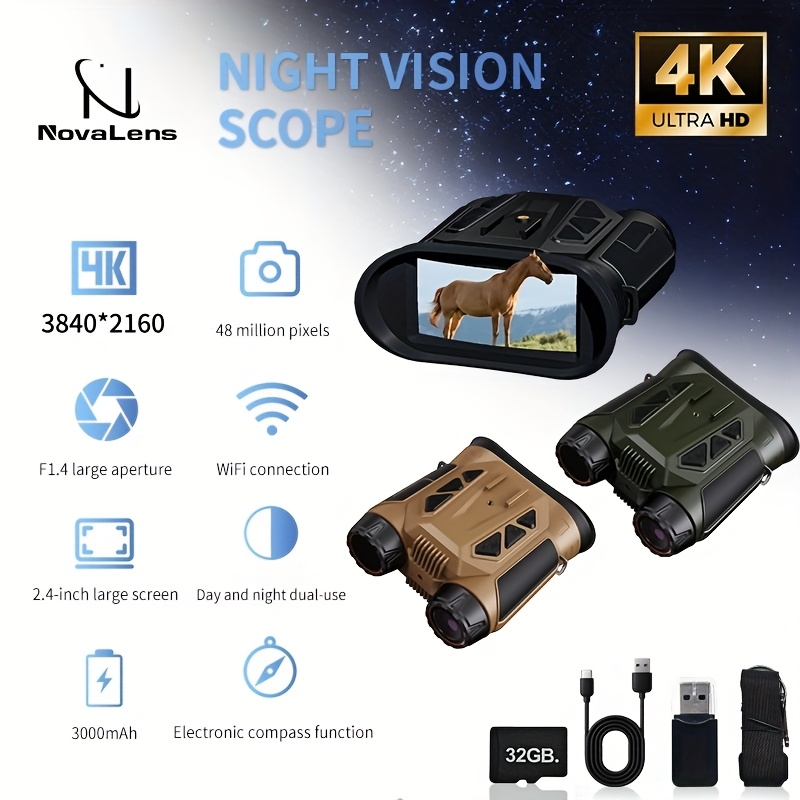 4K 3840*2160 Night Vision Binoculars with 16X Digital Zoom, Supporting Photo & Video Recording. 2.4In Screen, 7-Level IR Adjustable, 3000Mah Battery (5-6 Hours), 64GB TF Card, Wifi, Altitude, Barometer, E-Compass - Handheld