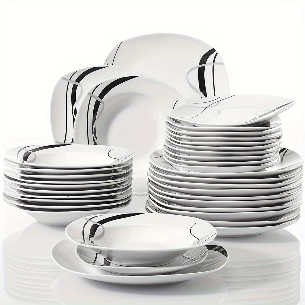 TEMU 36 Piece Dinner Set Porcelain Ivory White Black Lines Dinnerware Set