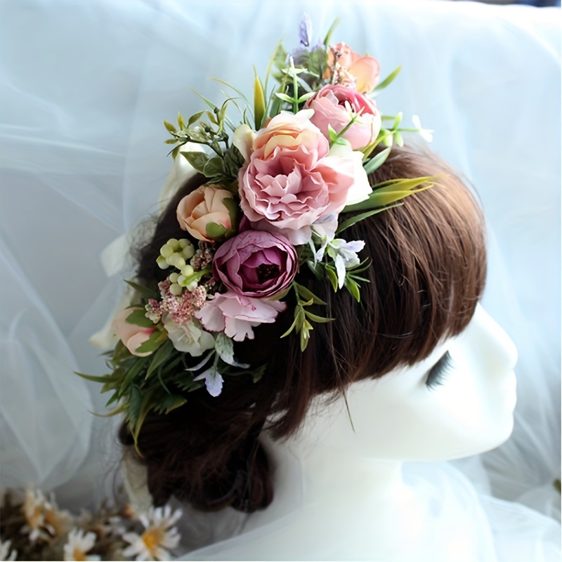

1pc Elegant & Bohemian Fabric Rose Flower Crown Headband, Wedding Bridal Bridesmaid Hair Accessory, Party Headwear