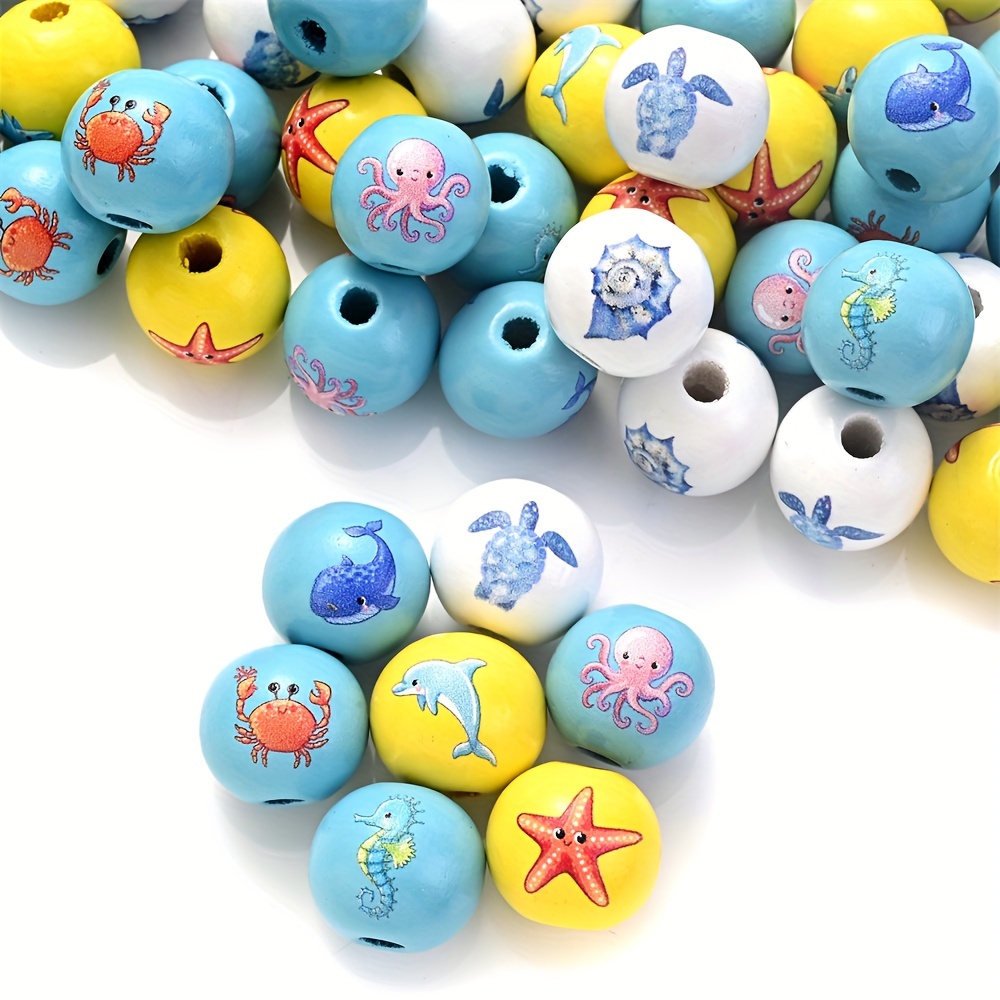 

10-piece Ocean-themed Wooden Beads Set With Marine Patterns - Craft Spacer Beads With Holes For Diy Projects, Jewelry Making, And Beach Party Decorations