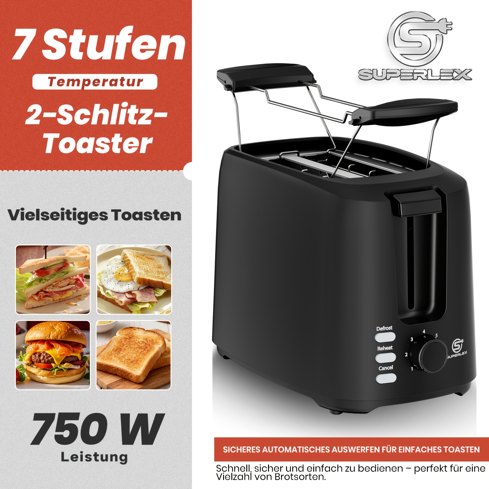 Superlex 750w 2- Toaster, Fast And Heating, Multiple Browning Controls, -up, Compact Household Breakfast Bread Toaster
