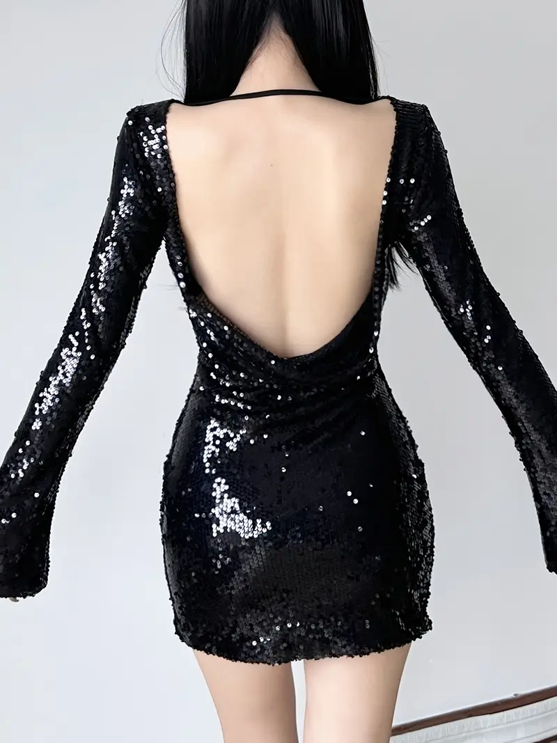 black backless sequin mini dress Lovskoo Women's Sequin Halter Bodycon Mini Dress Backless Cowl Neck Short Dress Open Back Cocktail Party Gown Black, Size: Medium