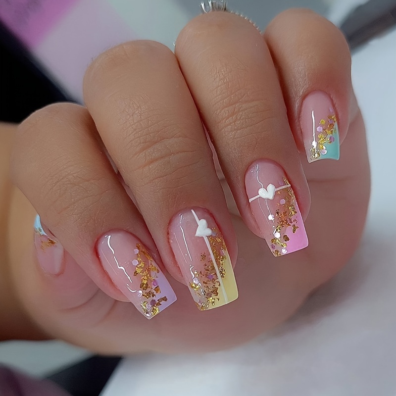 

Medium Square Press On Nails, French Style Rainbow Multicolor Heart Painting Fake Nails With Golden Foil, Manicure Nail Art Full Cover False Nails For Women And Girls
