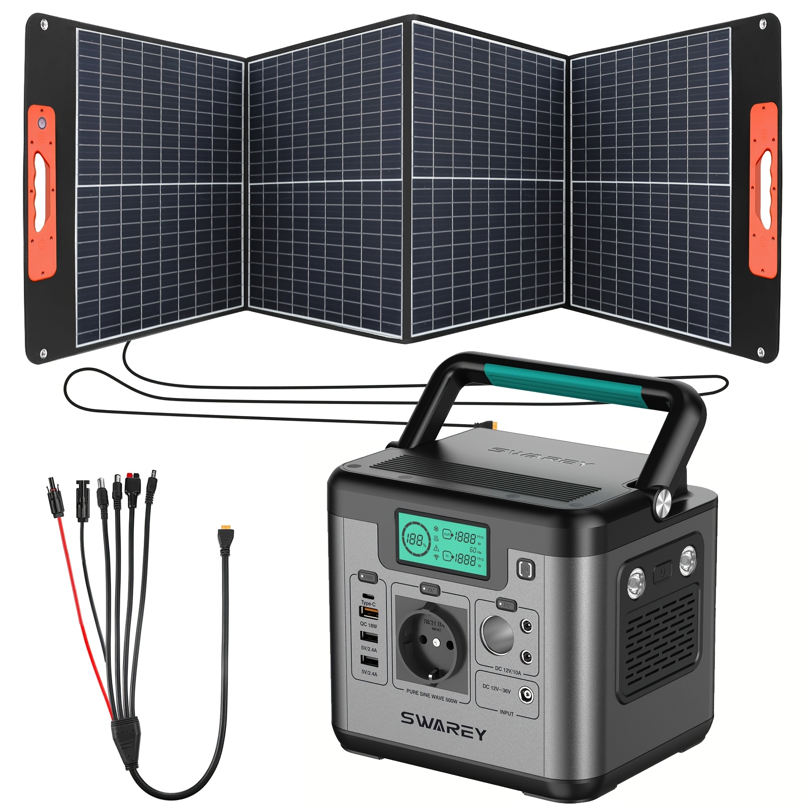 E-shop SWAREY Tragbares Stromversorgungsgerät mit faltbarem Solarpanel, 518,4 Wh Solargenerator mit 500 W AC/USB-C-, Schnelllade-Solarkraftwerk für