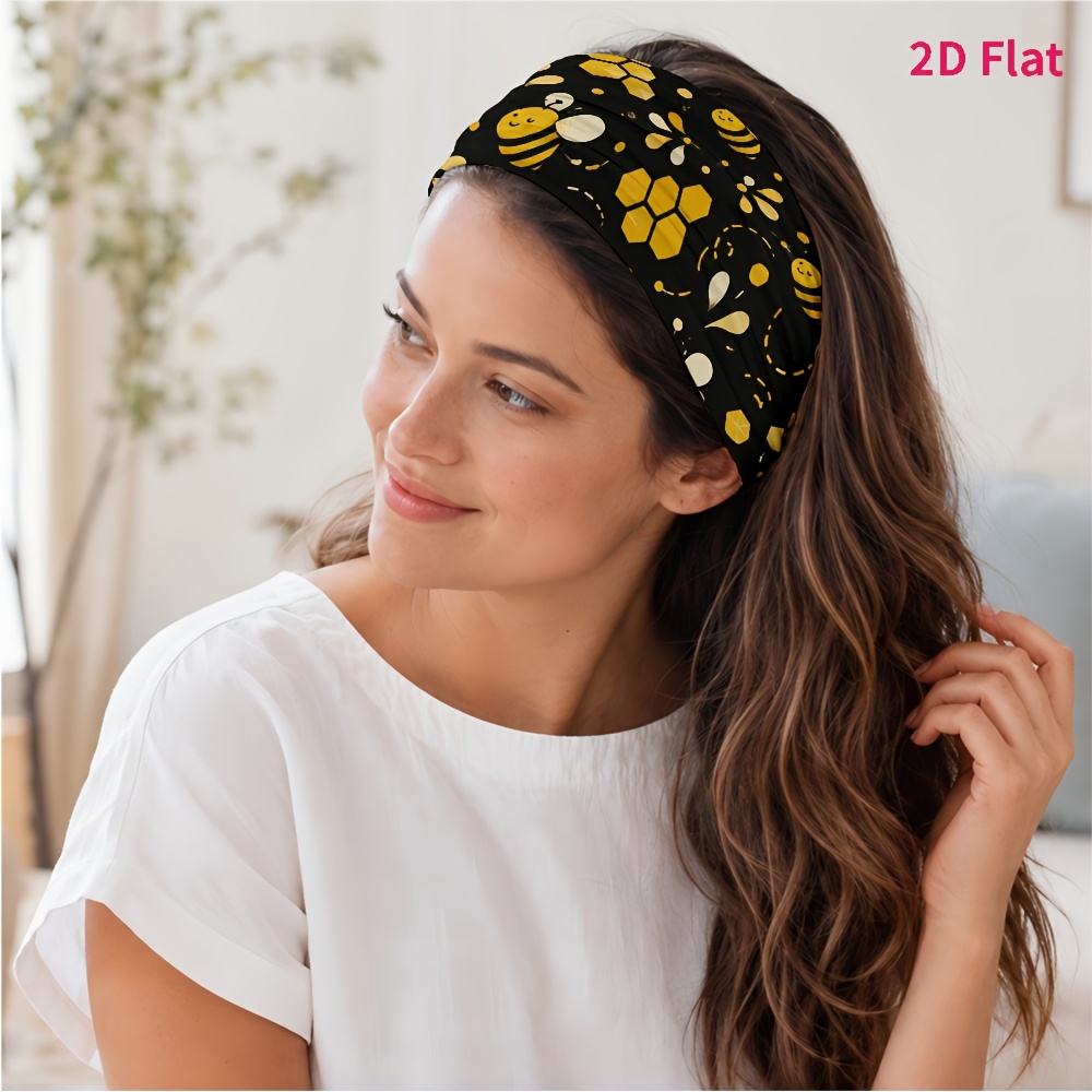 TEMU 2d Flat 1pc Tie, Bee And Honeycomb Print Pattern, Suitable For Yoga/fitness/daily Commuting/makeup And Skincare, Photo Check-ins/, Stylish And