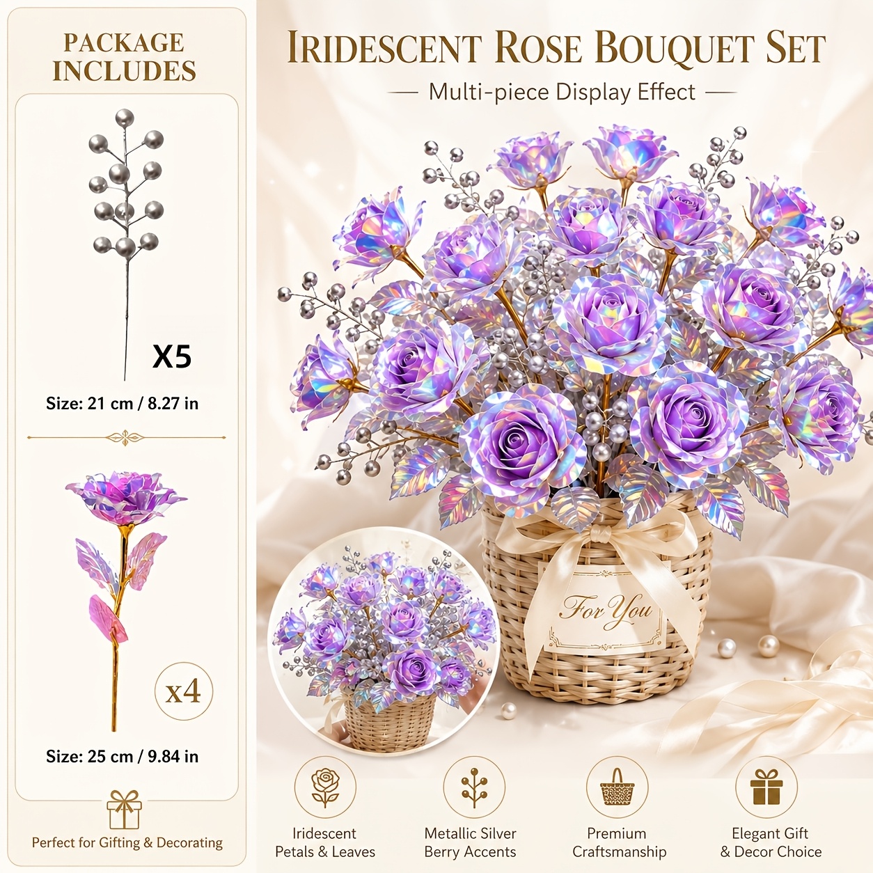 TEMU 9pcs Set: Artificial Crystal Purple Roses With Silvery Berry Branches. High-end Simulated Material An Elegant And Sophisticated Atmosphere,