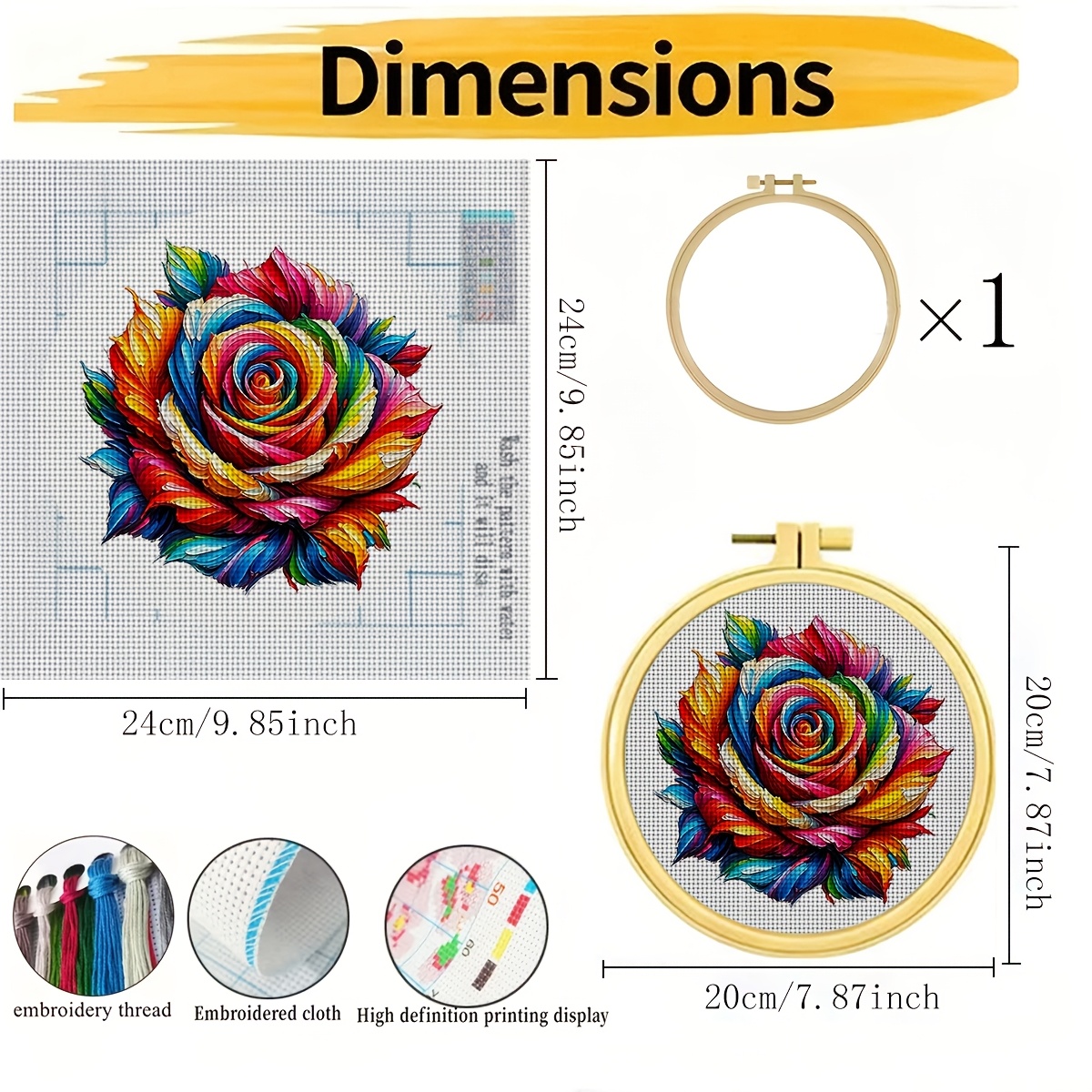 Round Cross Stitch Printed Kit with Hoop, "Rainbow-Colored Artistic Rose" Pattern