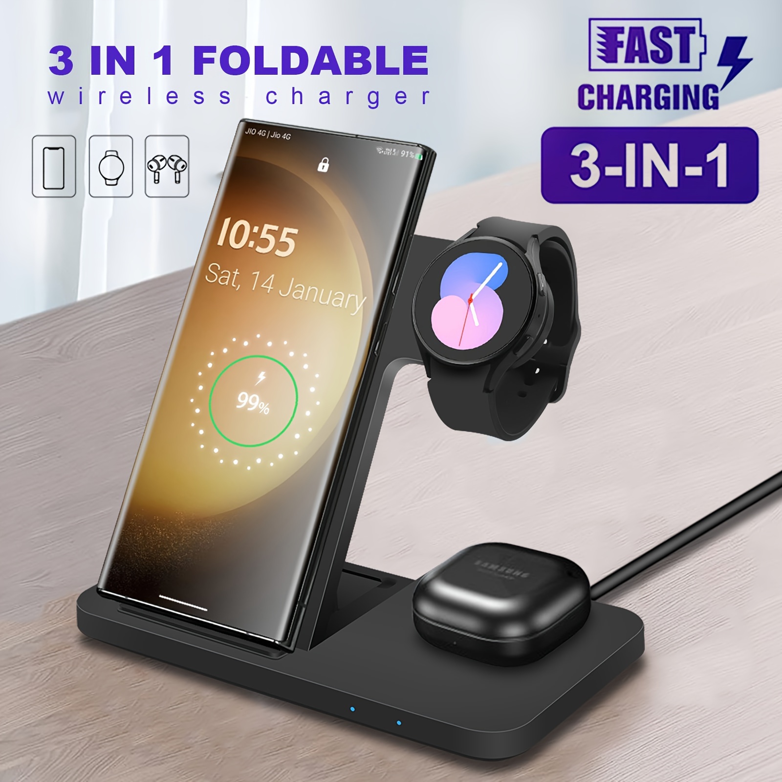 

Foldable Wireless Charging Station Multiple Devices 3 In 1 15w Fast Charger Dock Stand For Phone Z Flip Z Fold 5/4/3, S24 S23 S22 S21 S20 Ultra Fe/note 9, 6 /5/4/3/active 2/1, Buds+/pro/live