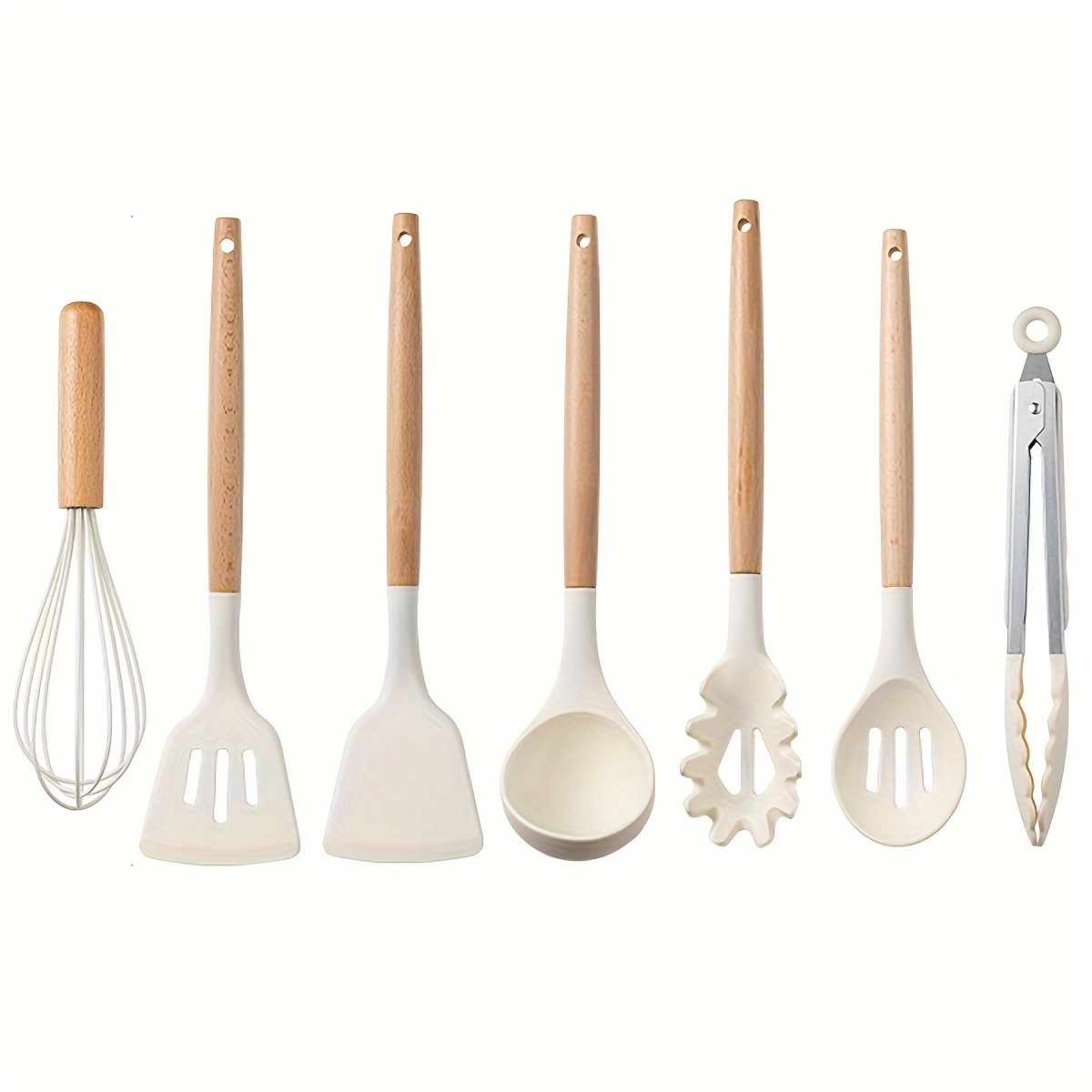 

7pcs Silicone Kitchen Utensil Set With Wooden Handles - , Heat Resistant Cooking Tools For Home & Restaurant Use