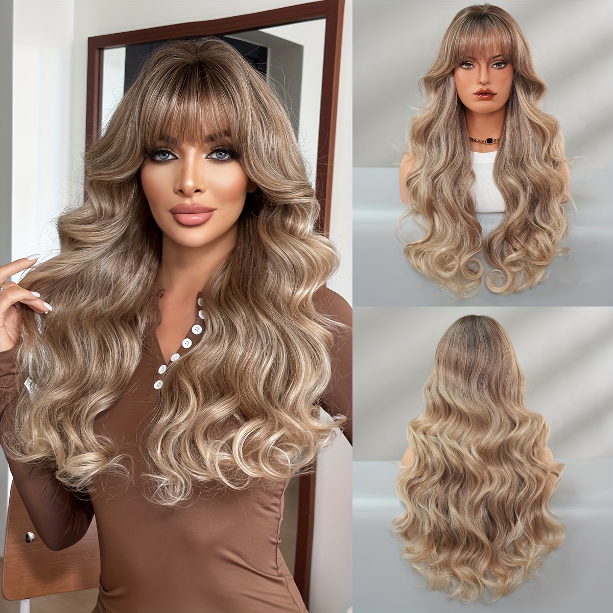 Long Body Wave Blonde Wig For Women Daily Use High Density Synthetic Layered Wavy Highlight Golden Wigs With Curtain Bangs Heat Resistant Dress Up Wigs With Dark Beginner Friendly 27.55inches
