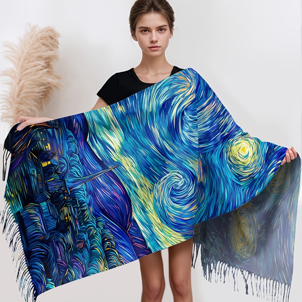 TEMU 1pc Vintage Artistic Van Gogh Starry Night Printed Elegant Scarf, Single-sided Printed Lightweight Polyester Fiber, Comfortable Soft Smooth,