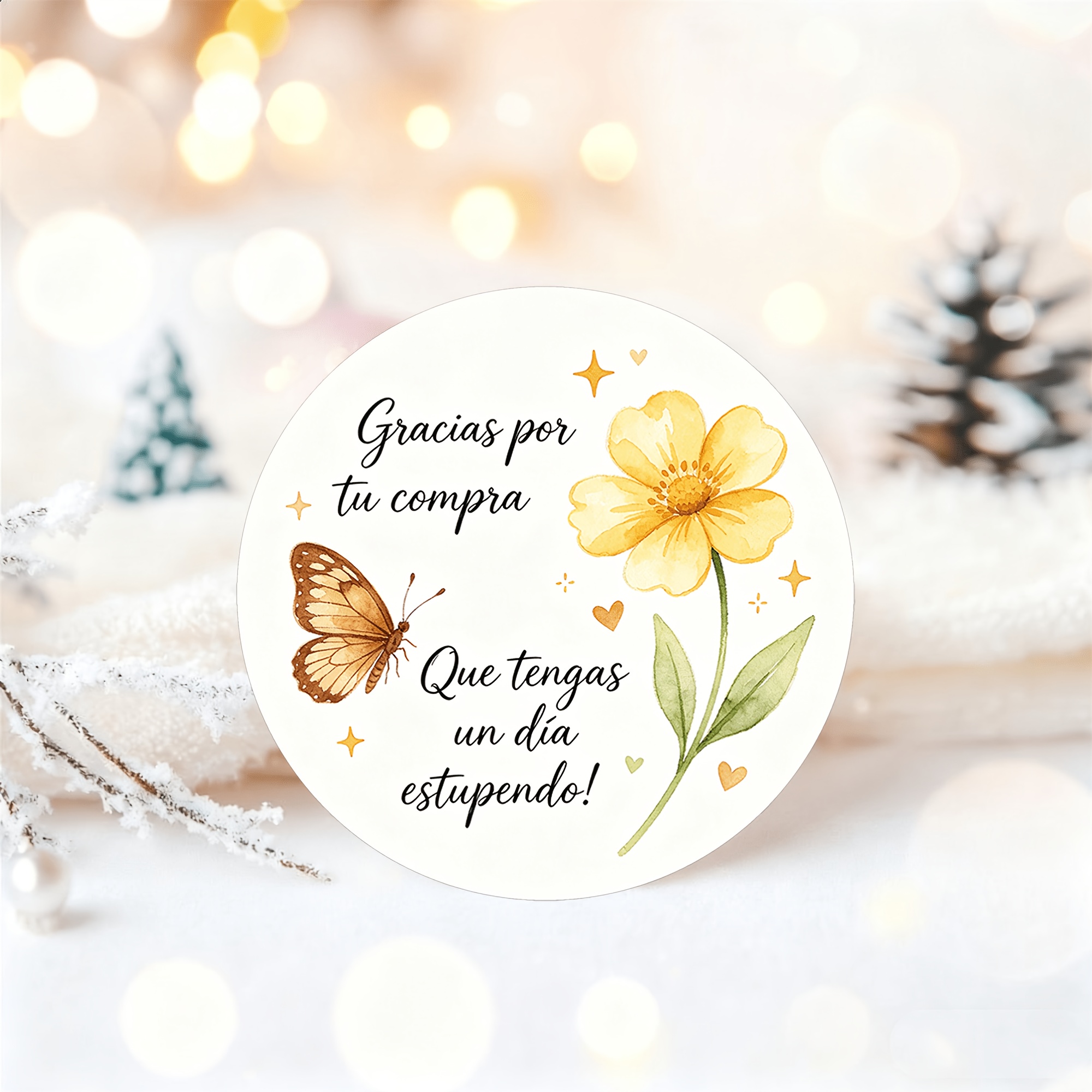 TEMU 66 pegatinas redondas de agradecimiento por pedido - Con el texto "Gracias Compra Que Tengas Un Dia !", un diseño de acuarela de flor amarilla y