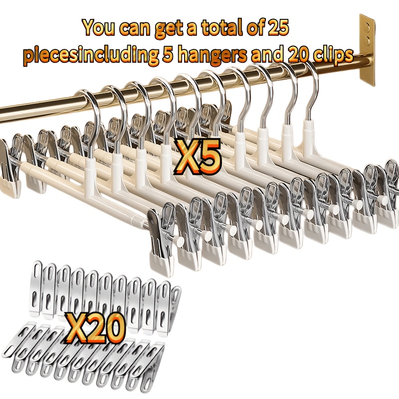 TEMU 25pcs [5pcs Hangers 20pcs Clips] Combination Adjustable Clip Hangers, Non-slip Space- Metal Hangers, Suitable Pants, Skirts, And All Garments-