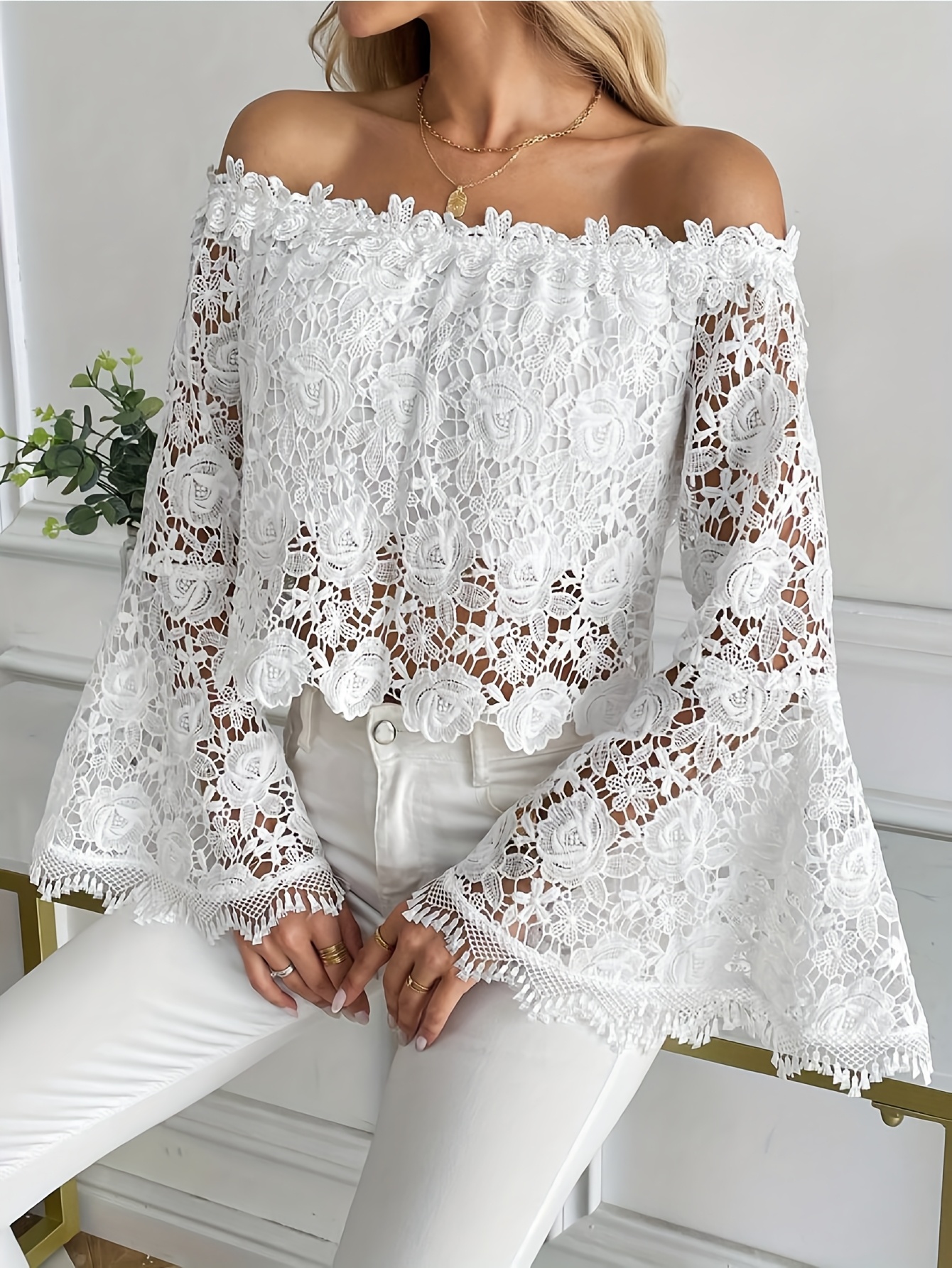 womens shoulder flounce sleeve blouse white lace sheer top Temu