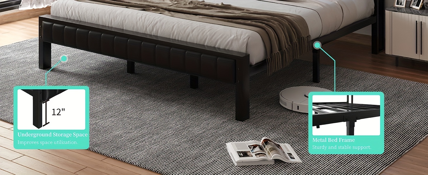 Platform Bed with LED Lights, Featuring a Faux Leather Headboard, Built-In Charging Station, And Two Levels of Storage. No Box Spring Required And Operates Quietly.