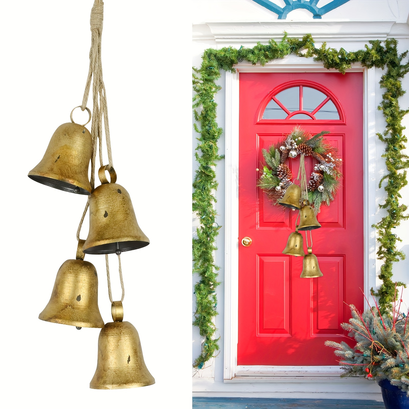 

Set Of 4 Golden Christmas Bells - Holiday Decor For Trees, Wreaths, Home, Wall, Windows & Door - Ideal Gift For Women, Mom, Grandma, Christmas Decor