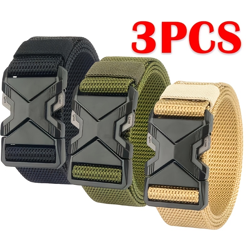 TEMU 3pcs Men's Tactical Nylon Stretch Belt Set, X-, Quick-release , Adjustable Waistband, Durable Stretch Work Belt, Suitable For Hiking, Golf,