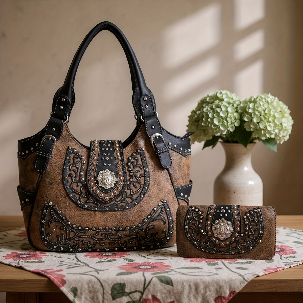 TEMU Western Studded Concealed Carry Purse Crossbody Bag Women's Shoulder Bag Purse Set Brown