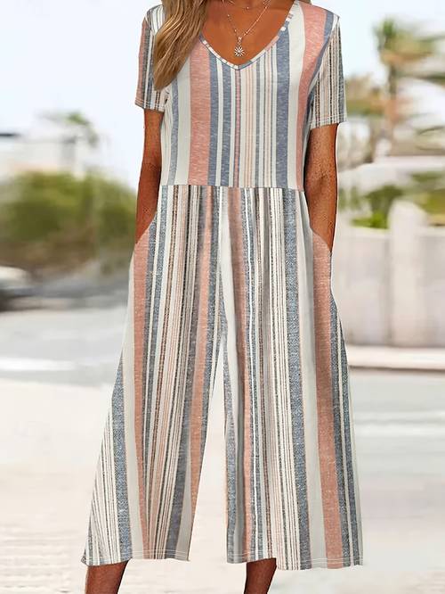 item picture summer autumn fashionable casual striped print jumpsuit with pockets v neck short sleeves versatile and elegant for daily wear