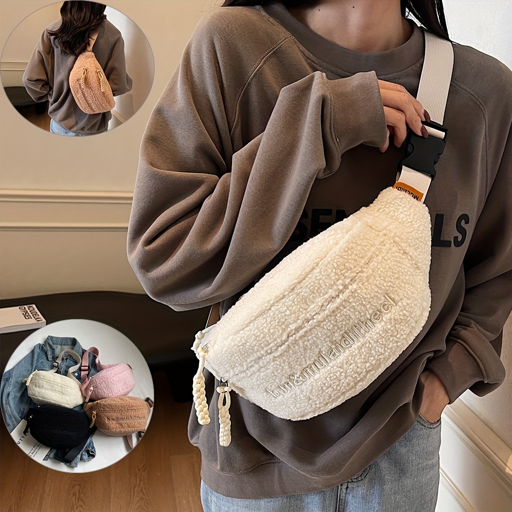 

Women's Fashionable Sheepskin Waist Bag, Korean Style, Casual Versatile Crossbody Purse With Adjustable Strap, Polyester Lining, Zip Closure, No Print, Carved Line Detail, White, Non-washable, For