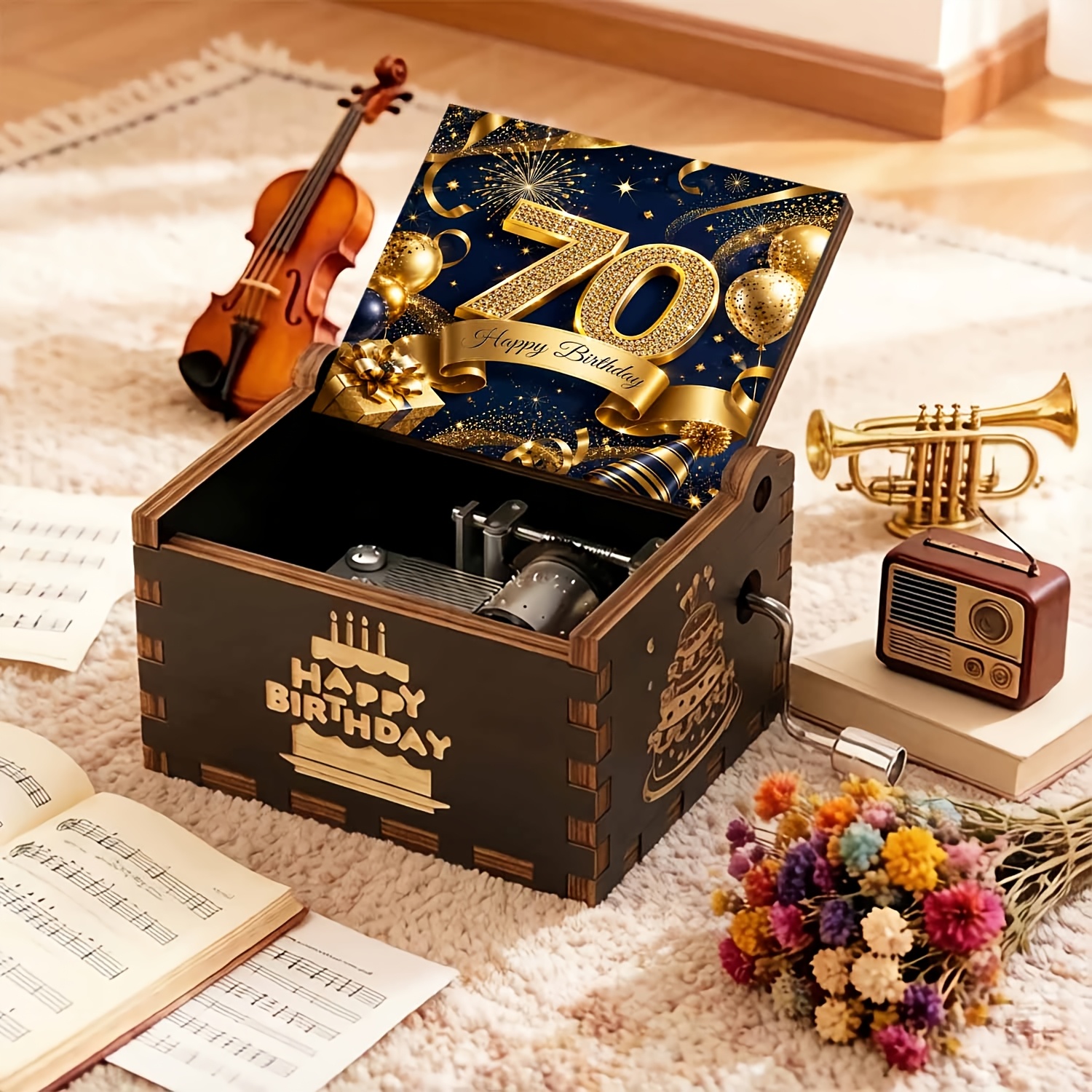 TEMU 1pc 70th Birthday Celebration Scene Vintage Wooden Hand-cranked Music Box, Options, Birthday Gifts For , Perfect Gift For , Home Decor Item,