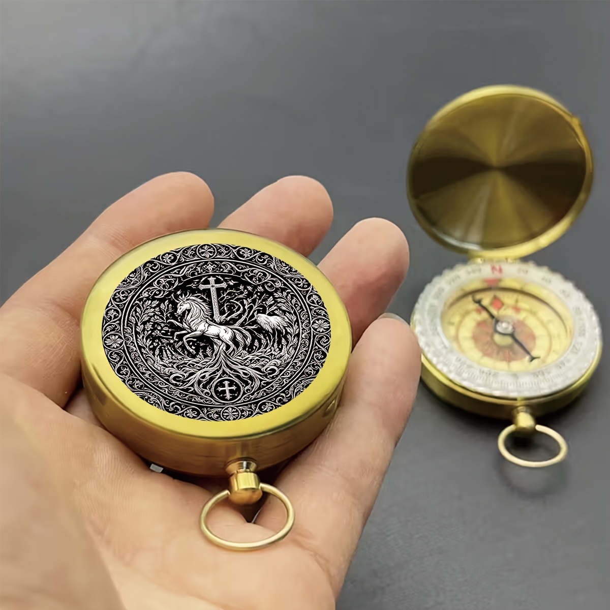 Gothic Unicorn Design Copper Compass Keychain for Outdoor Navigation