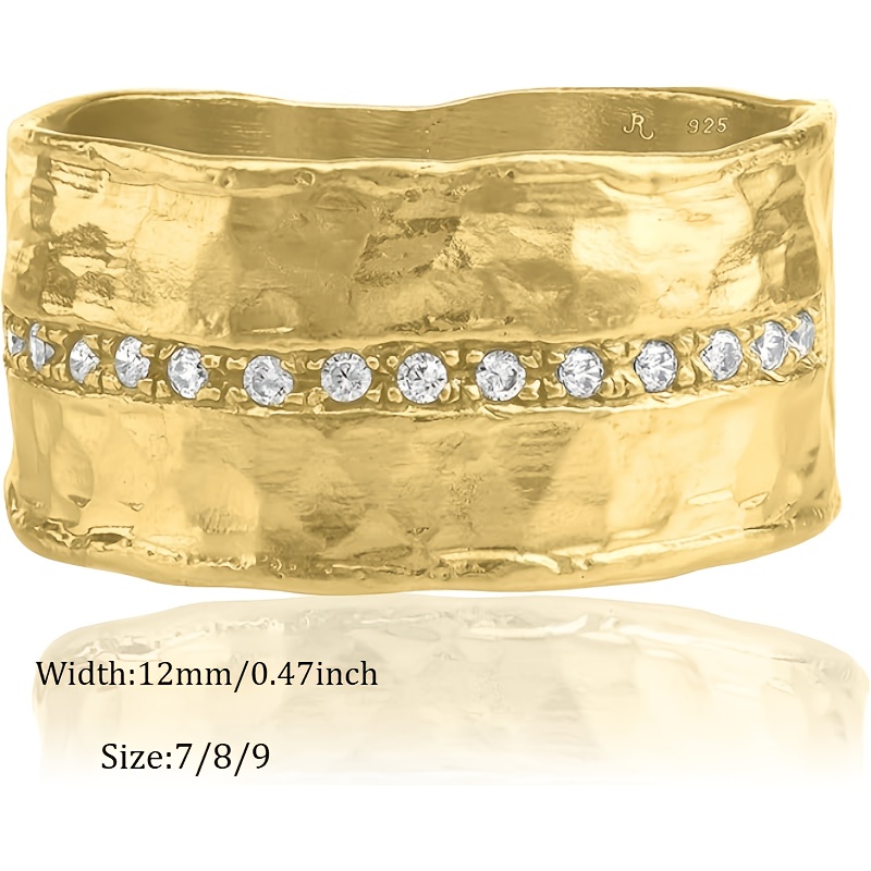 Image of 925 Silver Texture Wide Band Women's Ring Inlaid With Synthetic Synthetic Zirconia -convex Handmade Texture Ring Light Luxury Niche High-end Commuting Gift Jewelry For Her Gift Box Packaging