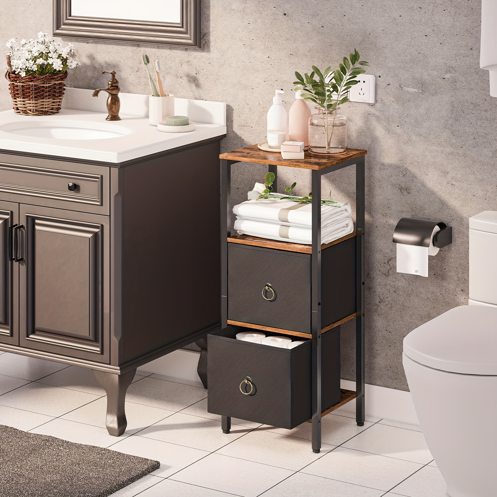 TEMU Multi Functional Independent Storage Cabinet With 2 Flexible Fabric Drawers, , 30x30x85.5cm Suitable For Bathrooms, Bedrooms, Entrances, Etc,