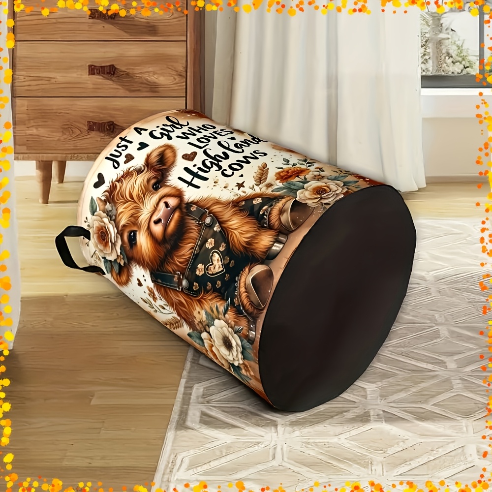 TEMU 1pc Highland Cow Laundry Basket - Rustic Sunflower Design, Collapsible Storage Organizer With Handles, Durable Polyester, Ideal For Bedroom &