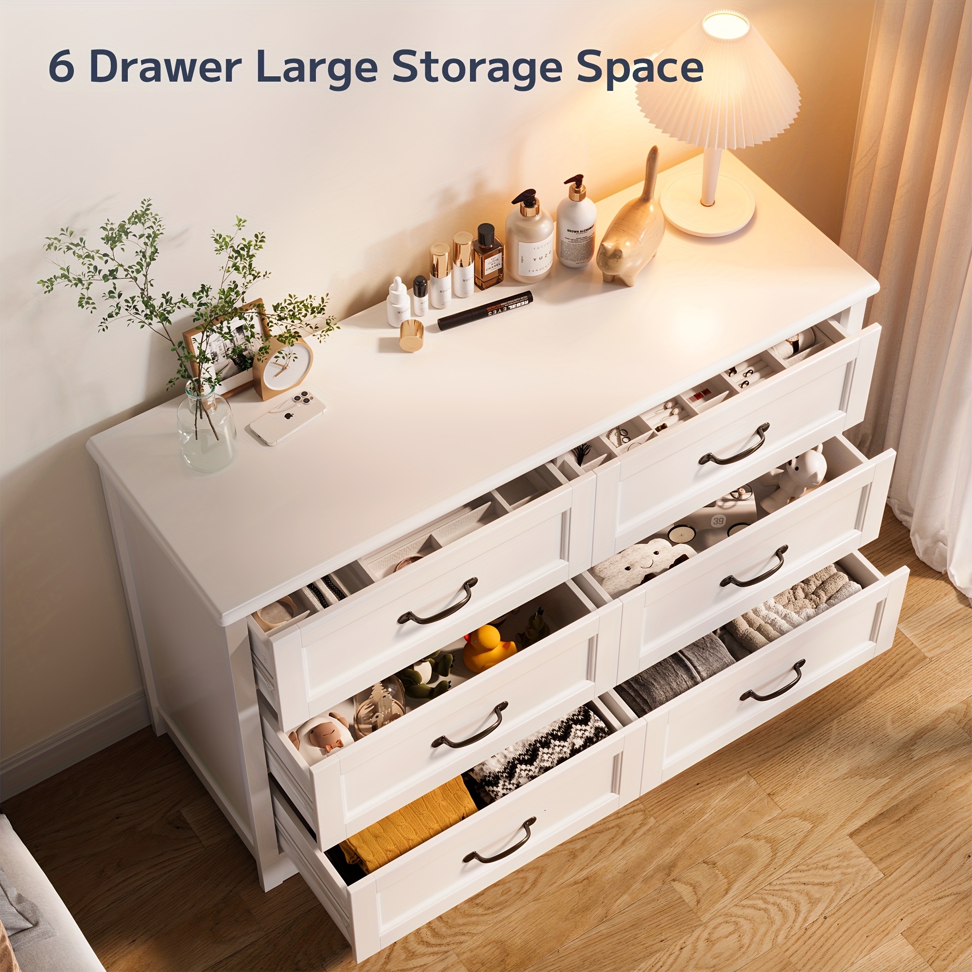 6 drawer dresser for bedroom, white modern wood dresser with mental handle,  3.2+ cubic feet storage, 27+ inch height, hardwood construction, entryway,  hallway, , easy assembly, 30 lbs weight, | Shop On Temu And Start Saving |  Temu