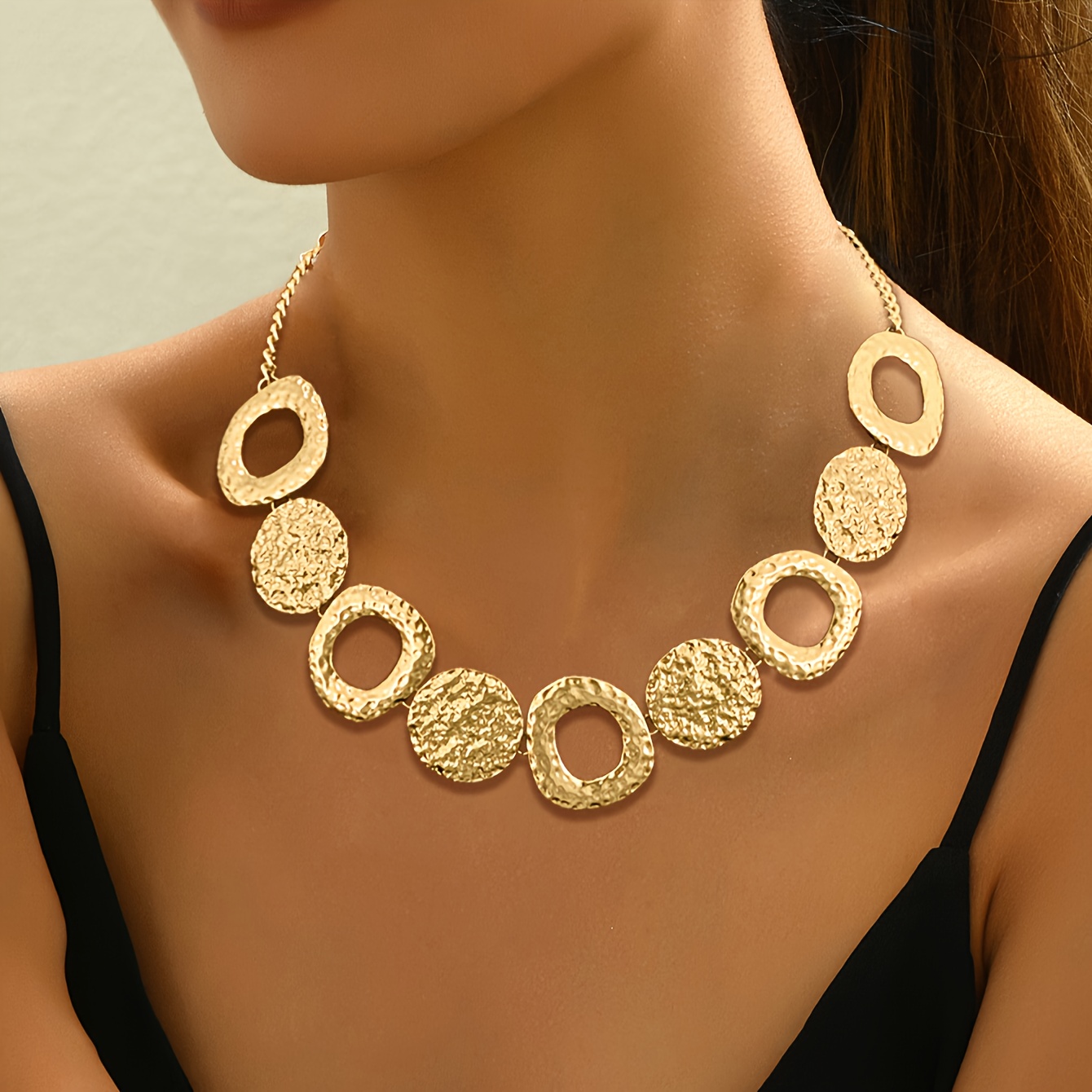 

A Stylish Women's Necklace With A Neck- Design Featuring Multiple Hollowed Golden Shapes, Parties And Vacations.