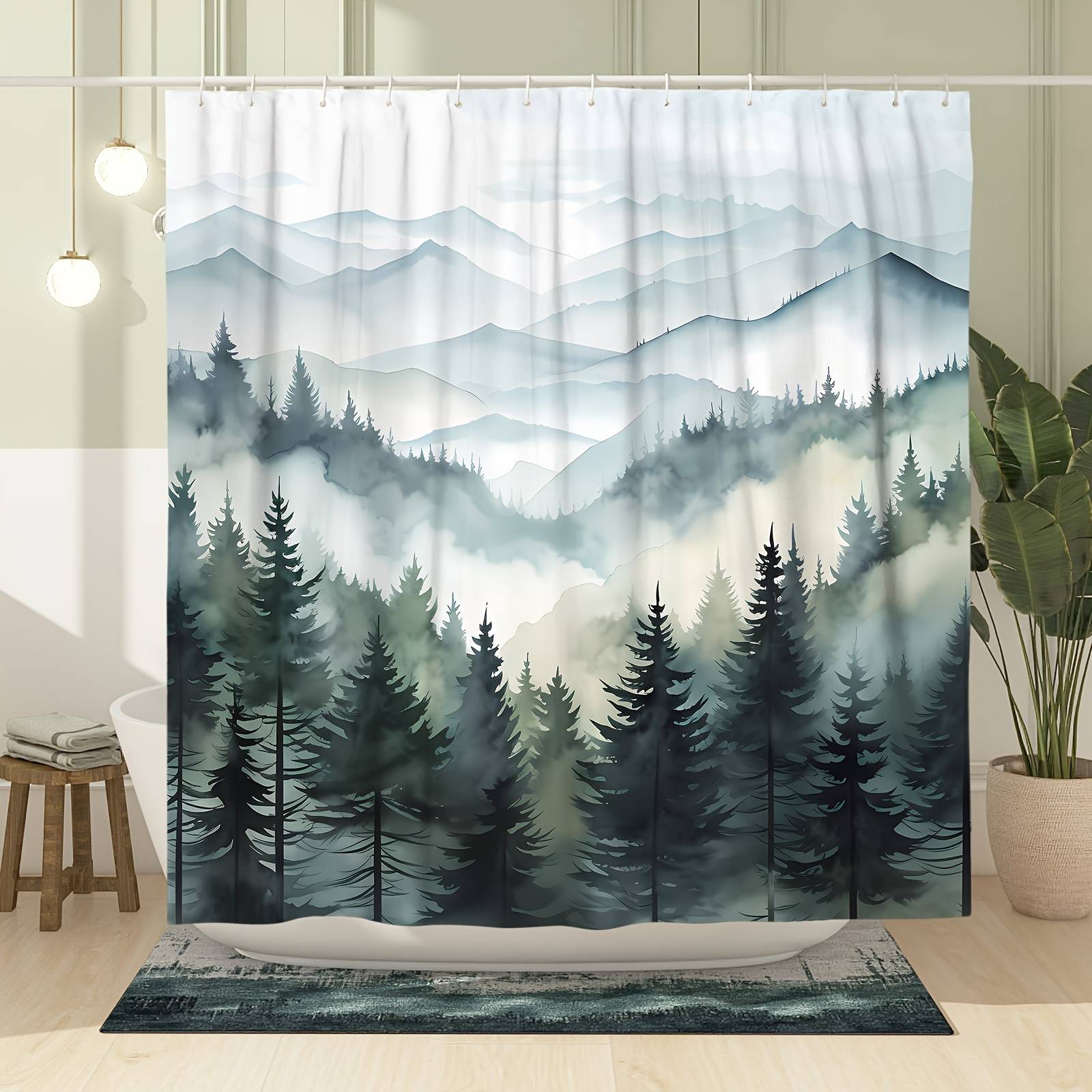 

1pc Mountain Landscape Pattern Shower Curtain, Waterproof Bathroom Partition Curtain With Hooks, Bathroom Accessories, Bathroom Decor