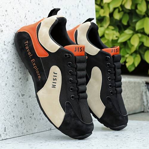 mens lightweight breathable low top skate sneakers black beige orange with pu upper non slip pvc sole soft fabric lining casual shoes for hiking gym daily wear skate shoes comfortable lining sporty design durable construction versatile footwear gym enthusiasts