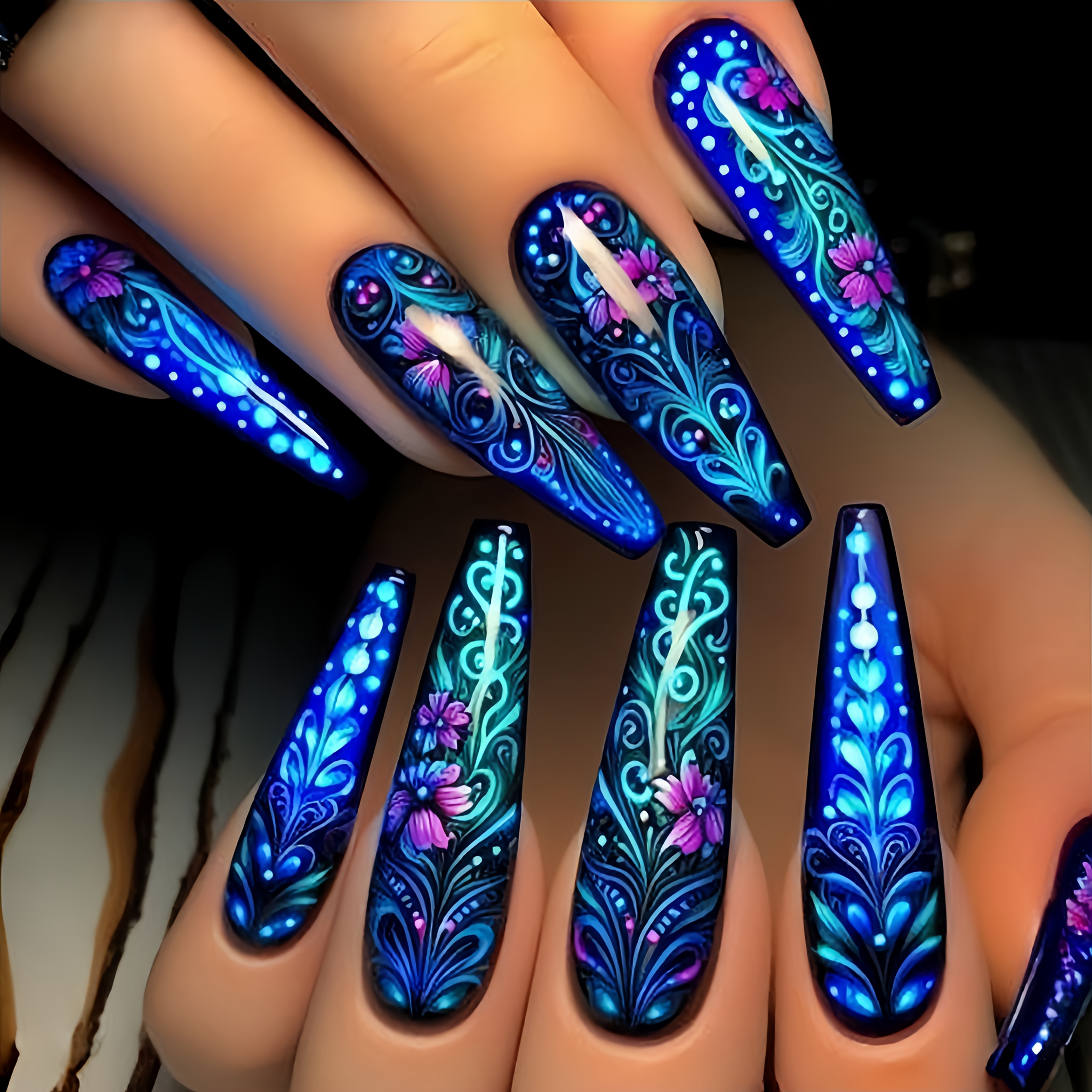 

24pcs Set Of Blue & Purple Floral Long Press-on Nails - Elegant Ballet-shaped, Removable Fake Nails With Vibrant Plant Patterns For Women & Girls - Fashion