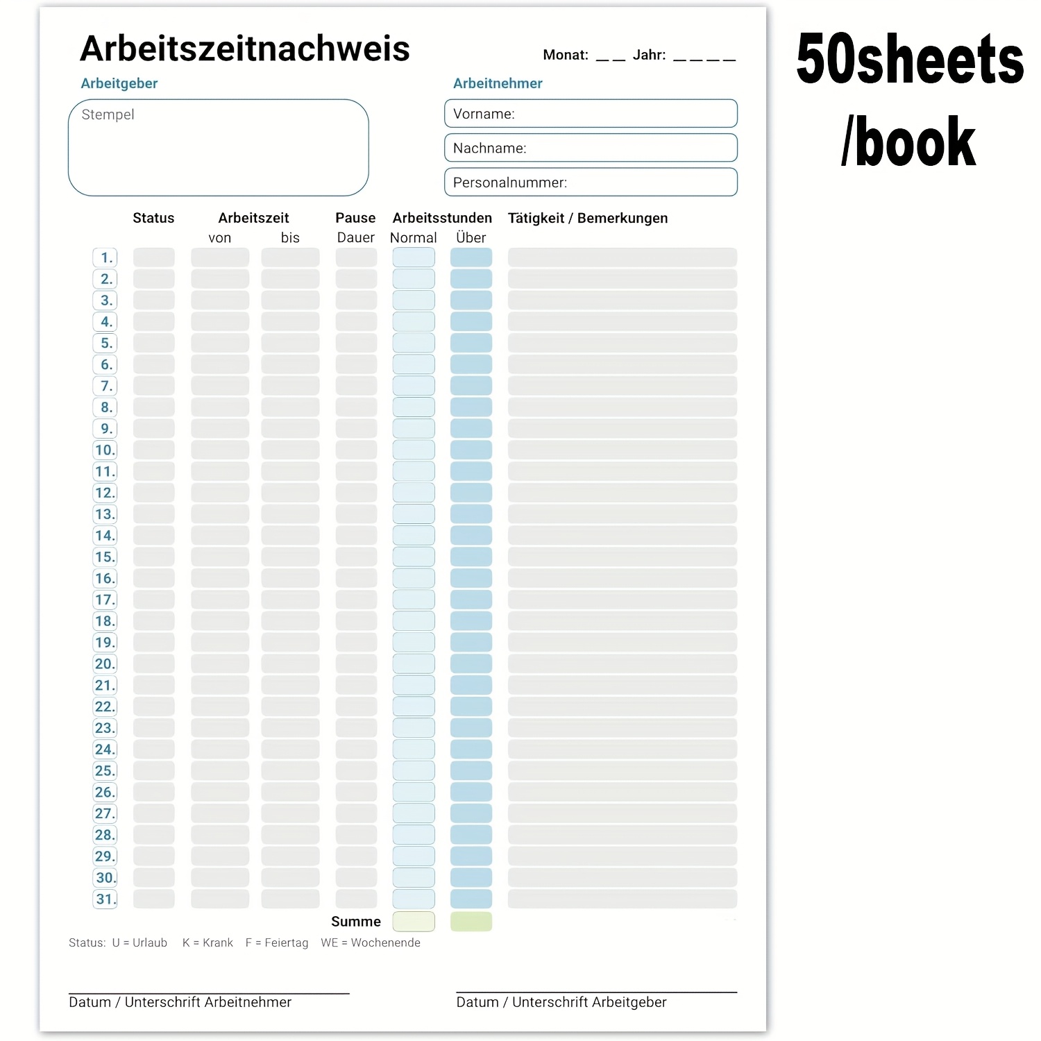 50 Sheets/book Time Record Notebook A4 Size, Monthly Work Time Record Certificate, 31 Days Per Sheet, Work Schedule, Suitable For Small Business And Employees' Time Record Notebook