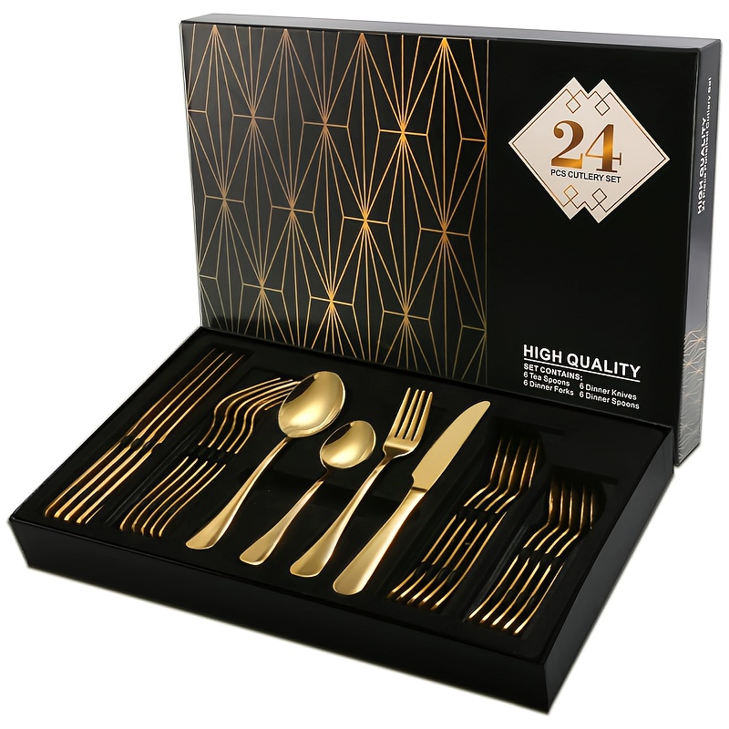 TEMU Cutlery Set, 24pcs Stainless Steel Golden Flatware Set, Silverware Set Service For 6, Tableware Utensil Set With Knife, Fork, Spoon,