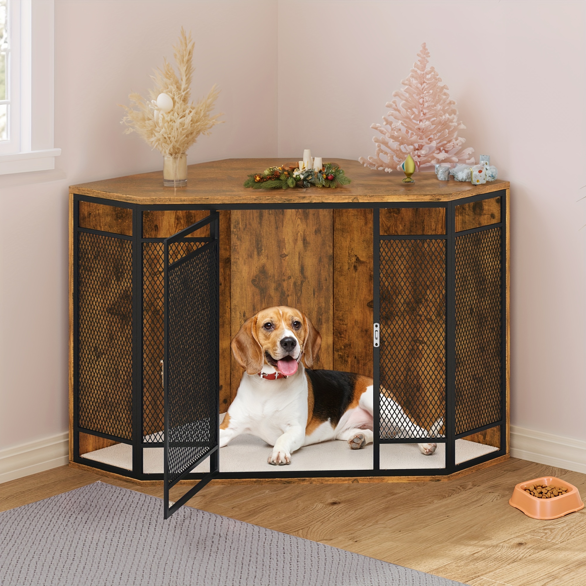 

Yarsca 43.7 Inch Corner Dog Crate Furniture, Dog Kennel Furniture With Metal Mesh, Wooden Dog Crate End Table, Small Medium Dogs, Brown