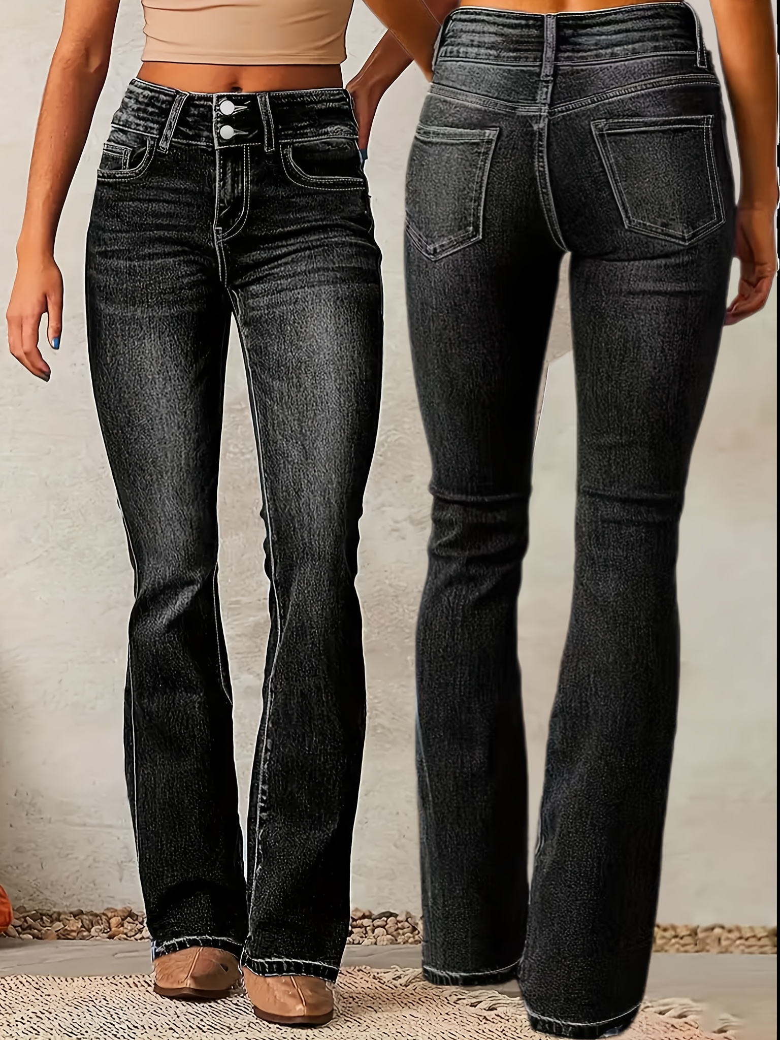 Women's Stretchy Black Bootcut Jeans with Double Button Closure - Casual Denim Flare Pants, Machine Washable, Slim Fit